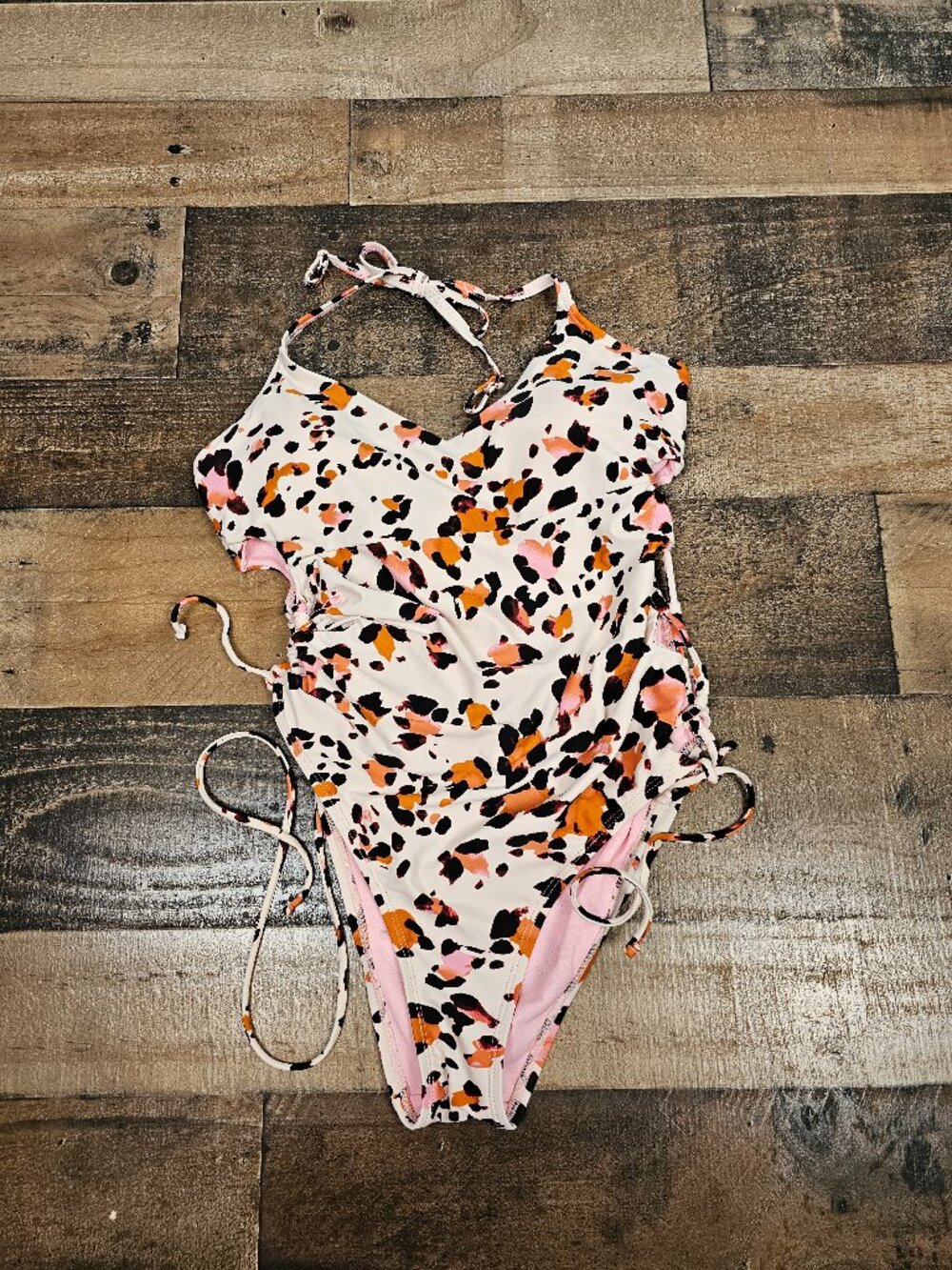 Hula Honey One Piece Swimsuit Large Animal Print Lace Up Cutout Pink Orange